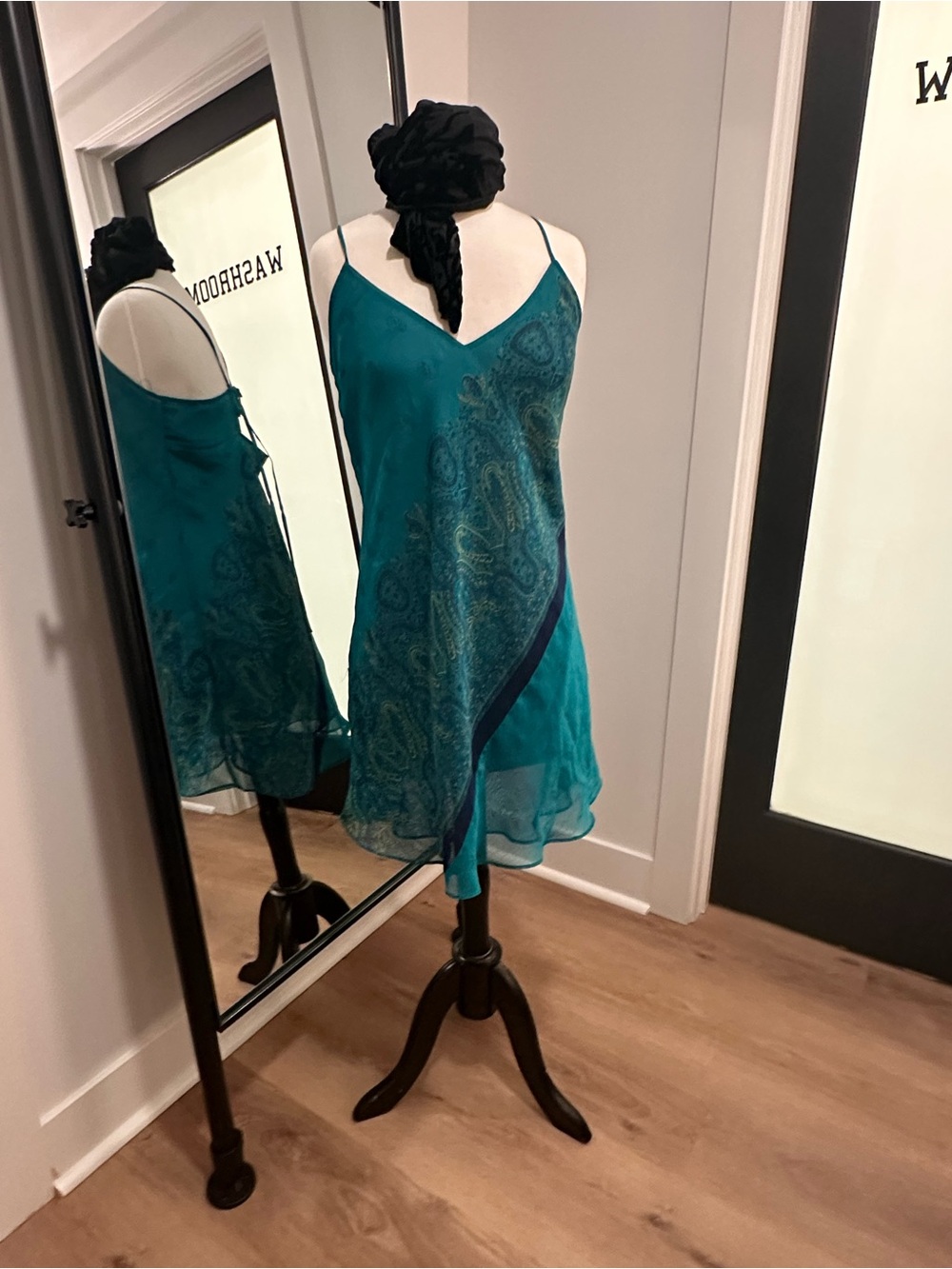 Valerie Stevens Teal Paisley Silk Chemise with Navy Trim